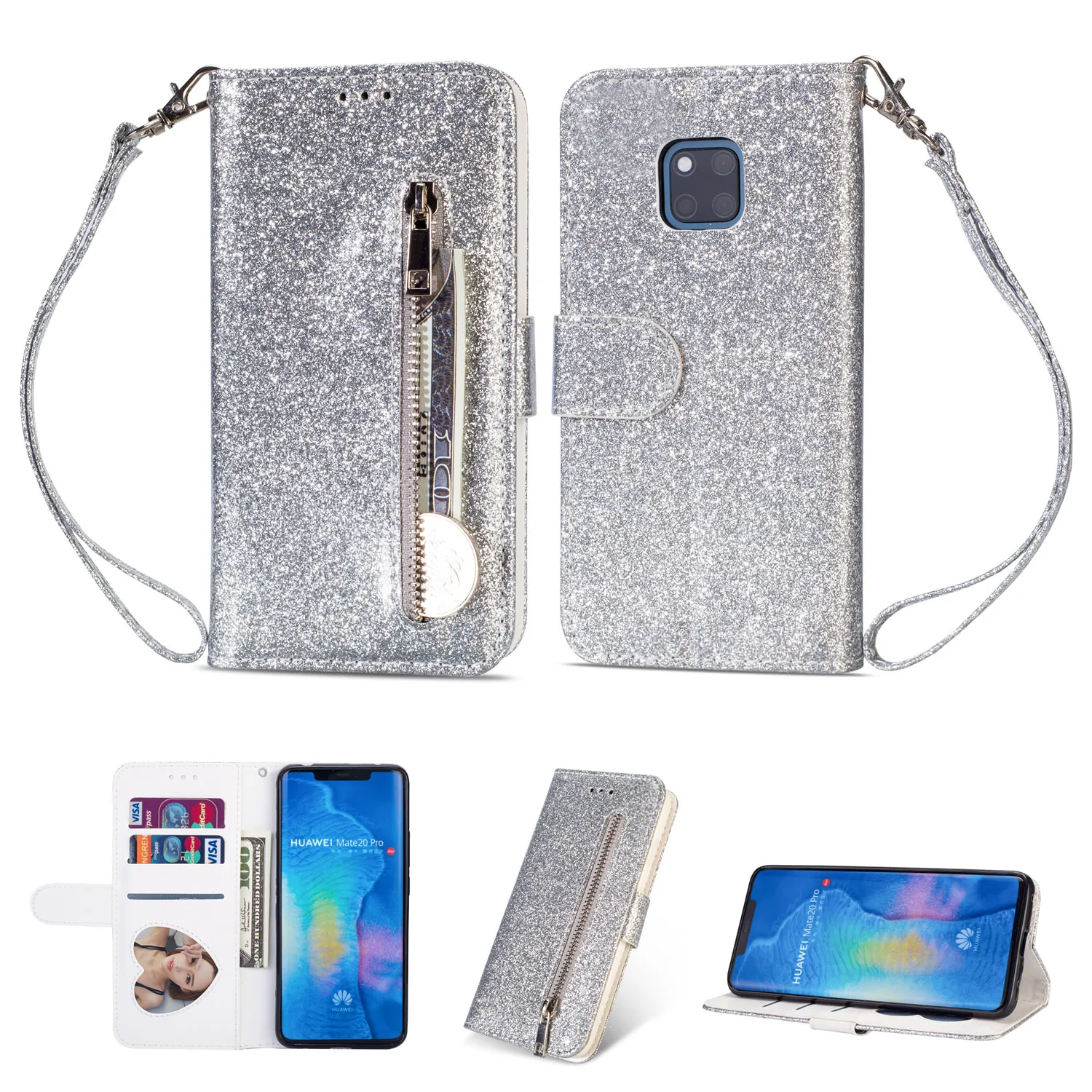 Роскошный чехол сверкающий с блестками для huawei Y7 Y6 Prime P Smart Plus mate 20 10 P30 P20 Pro Lite кожаный кошелек на молнии откидной Чехол для карт
