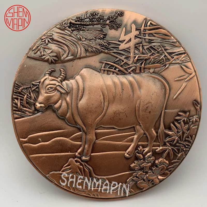 

Three-dimensional Relief Double Sided Cow Commemorative Coin Chinese Culture Zodiac Cow Red Copper Art Coins Collectibles