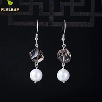 flyleaf 925 sterling silver geometric nature crystal real pearl earrings for women fine jewelry for women high quality vintage