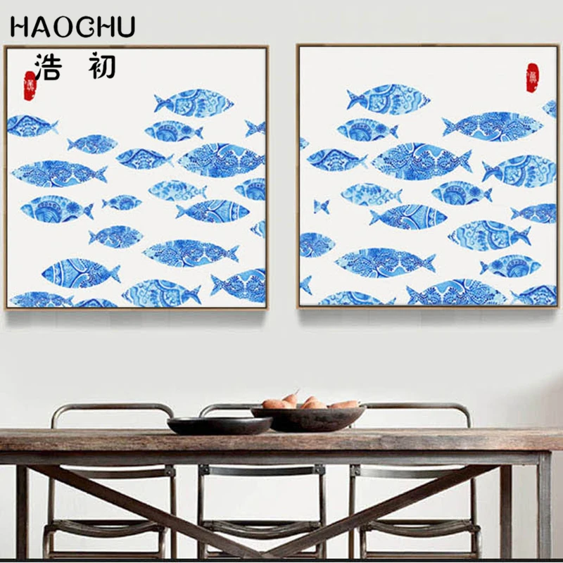 HAOCHU традиционная китайская синяя и белая рыба кои пруд холст живопись