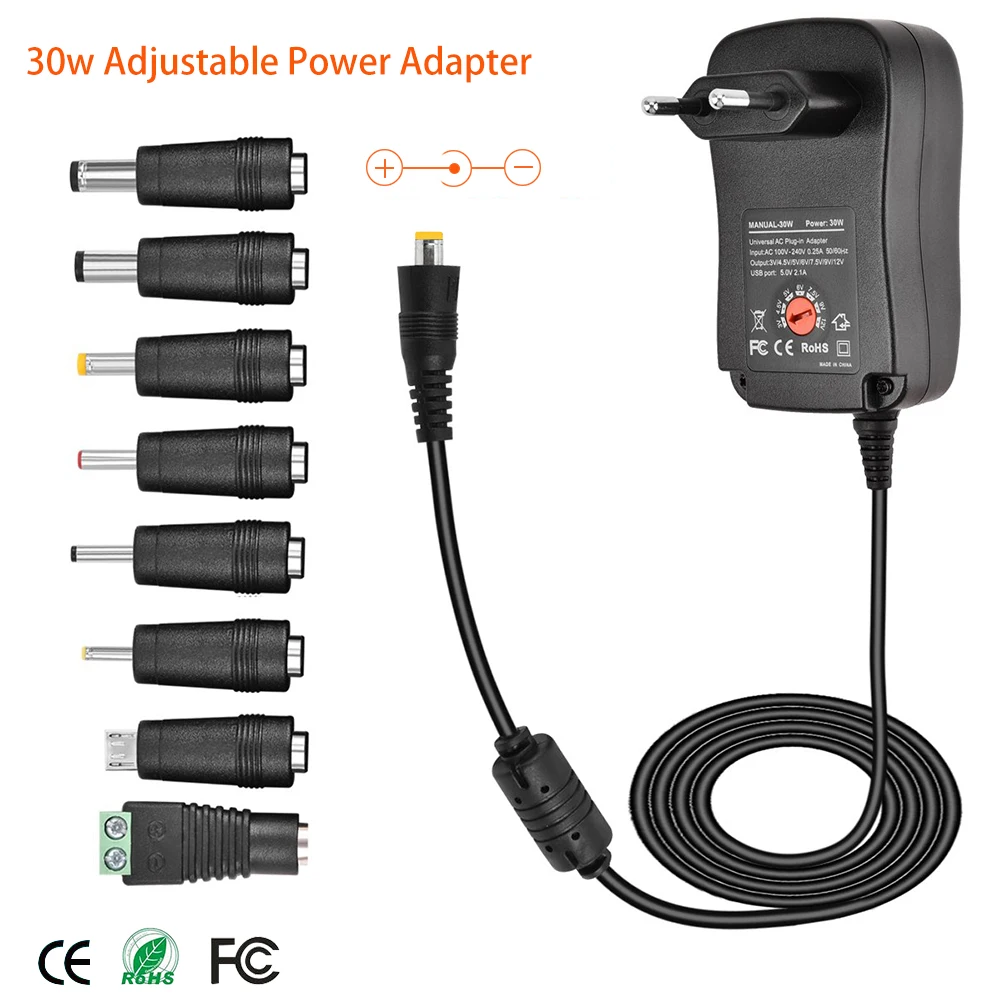 30W Универсальный адаптер питания 3V 4,5 V 5V 6V 7,5 V 9V 12V AC DC зарядное устройство преобразователь питания+ 5V 2.1A USB порт с 8Pcs jack-черный