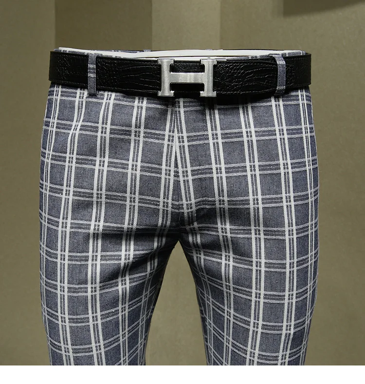 Мужские брюки 25% хлопок 10% лен синий плед укороченные брюки slim fit Мужской Костюм Уличная летняя новое поступление Свадебный Жених