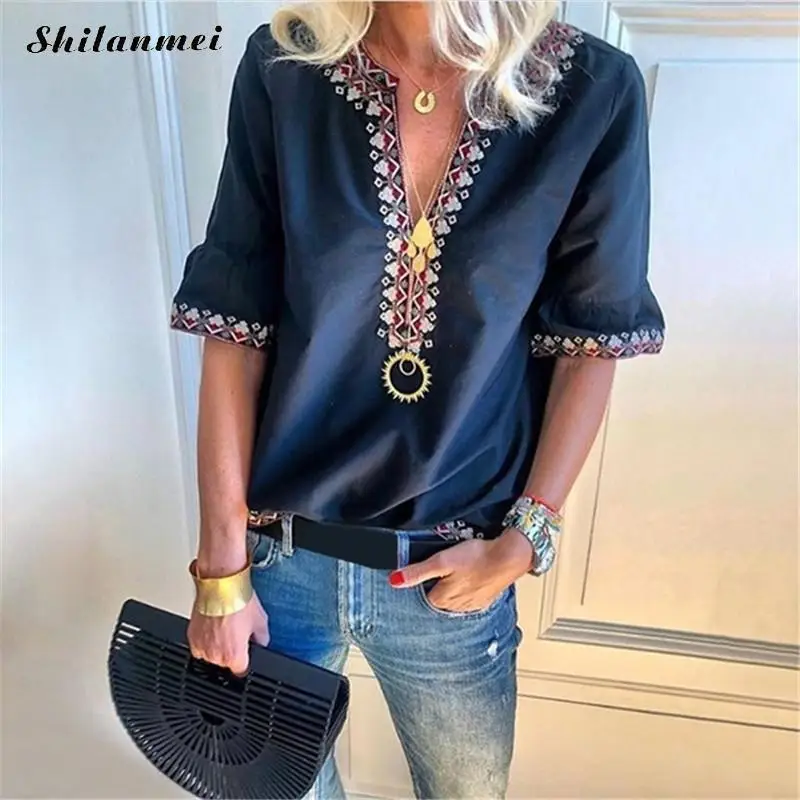 Ethnic Print Women Blouse 2019 New Summer Boho Plus Size V Neck Half Sleeve Shirt Causal Indie-Folk Blusas Feminina | Женская одежда