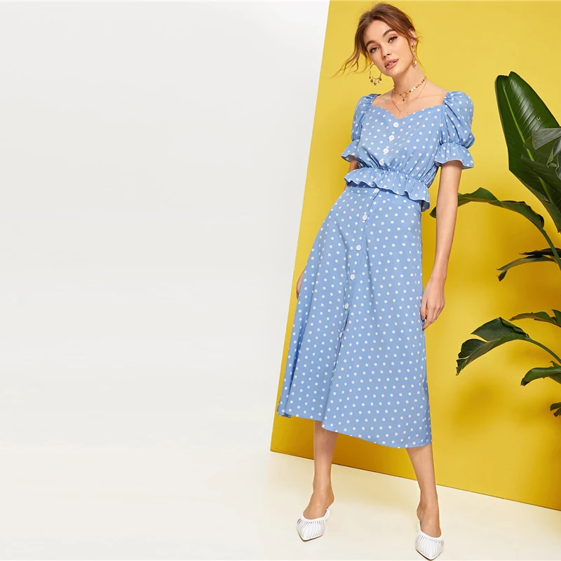SHEIN топ с баской и юбкой в горошек, на пуговицах спереди, с рюшами, весна-лето, с пышными рукавами, синий милый женский комплект из двух предметов