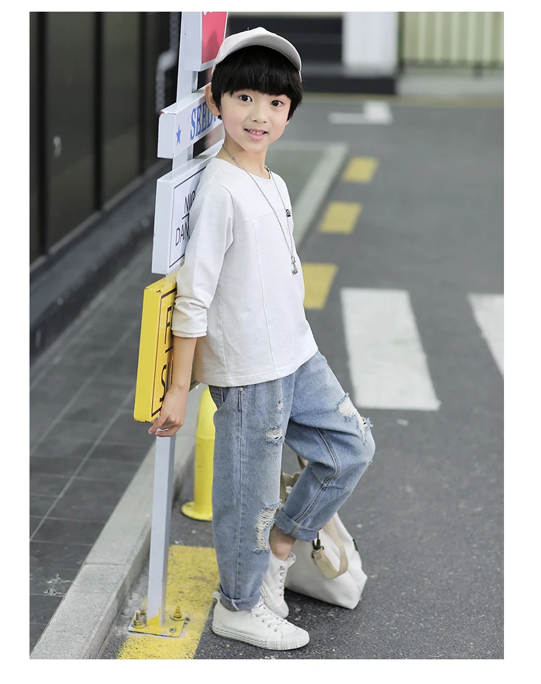Детские джинсы осенние классические длинные штаны для мальчиков-подростков, модные джинсовые брюки с дырками детские повседневные джинсы для мальчиков, одежда От 6 до 14 лет 10 лет