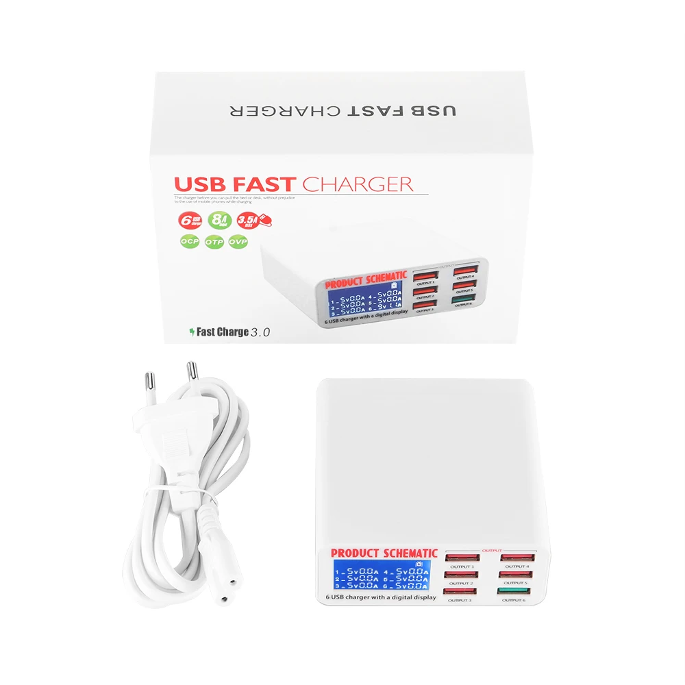 Универсальный 6 USB Зарядное устройство концентратор 40W 5V 6A умный светодиодный Дисплей мобильного телефона зарядная станция для быстрой зарядки 3,0 зарядка через usb Мощность адаптер
