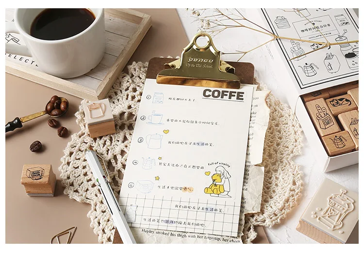 Кофейный набор 13 шт \ DIY креативный Милый Забавный штамп Деревянный уплотнитель дневник календарь скрапбук набор канцелярских принадлежностей для студентов