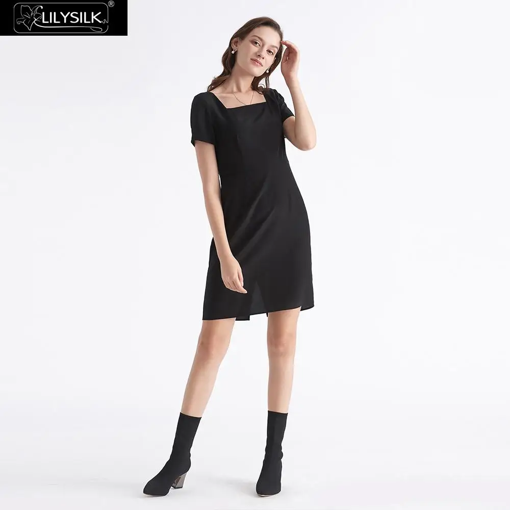 Black LilySilk платье маленькое черное шелковое Ретро стиль квадратный вырез дамы распродажа - Цвет: Black