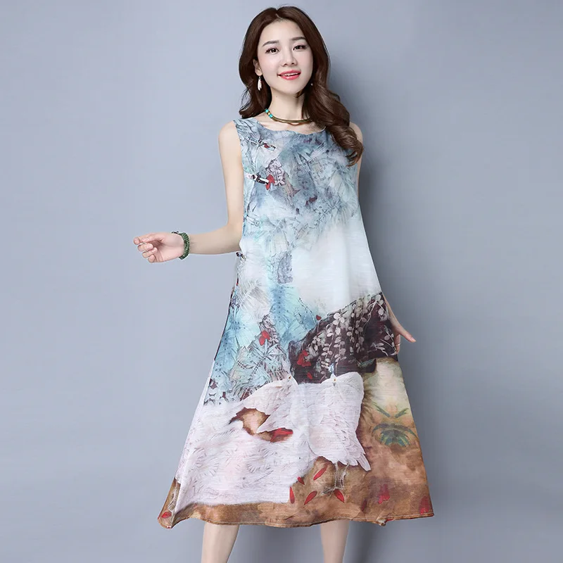 2017 Hot Sale Girl Chinese Style Vintage Printing Dress Pure Natural Cotton And Linen Vestido De Festa Elegant Women Party | Тематическая
