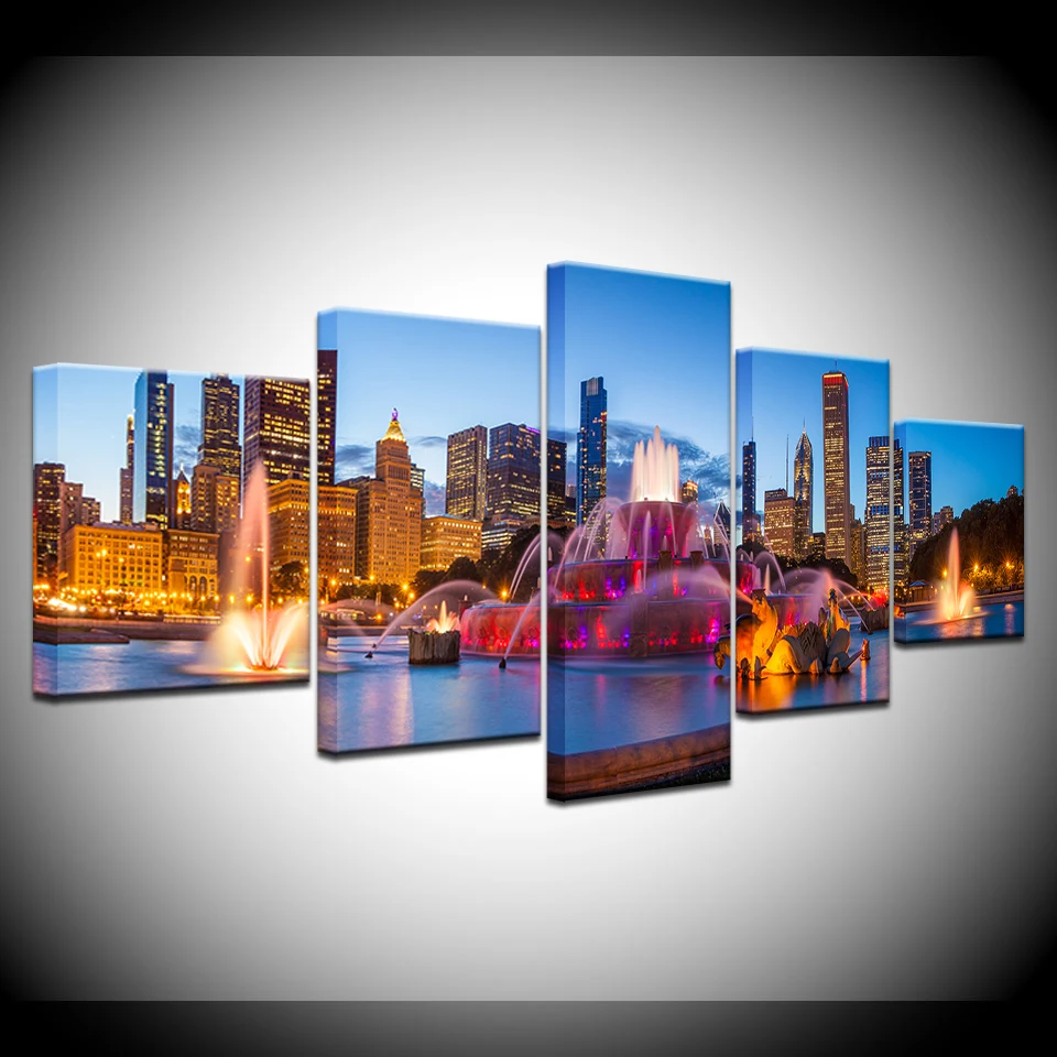 

Chicago Buckingham Fountain 5 Panels Wallpapers modern Modular Poster art Canvas painting for Living Room Home Decor