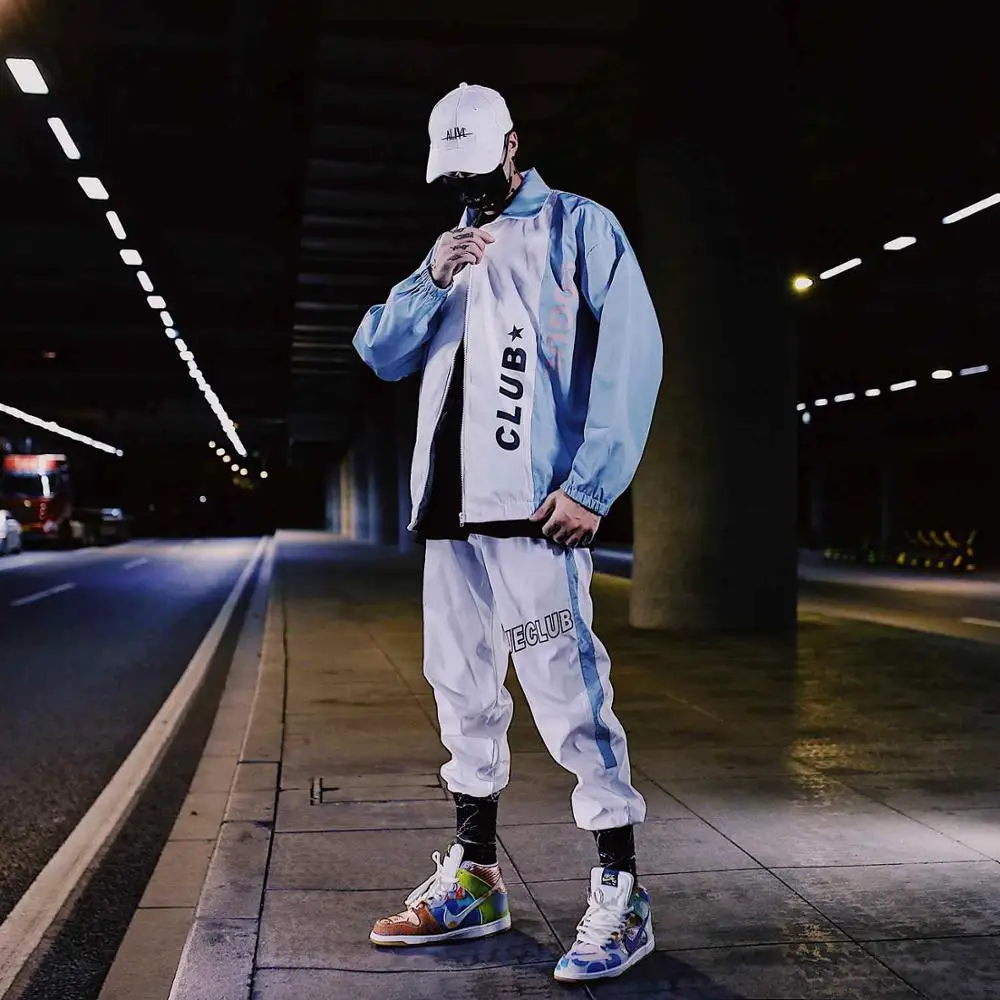 blue and white Новинка; сезон весна-осень; Клубные Модные комплекты из 2 предметов; спортивная одежда; куртка на молнии; брюки; Повседневная Уличная одежда в стиле хип-хоп; Hombre; спортивные костюмы - Цвет: blue and white