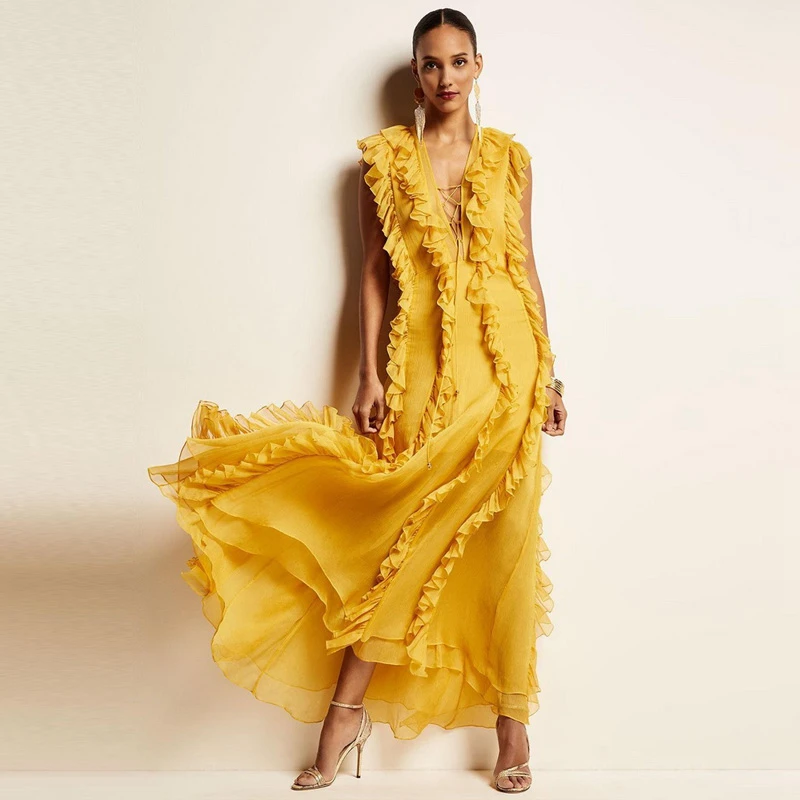 Женское летнее платье без рукавов в стиле бохо желтое длинное элегантное