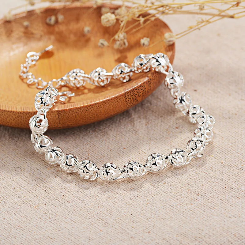 OMHXZJ Wholesale European Fashion Woman Girl Party Birthday Wedding Gift Simple Hollow Beads 925 Sterling Silver Bracelet BA122