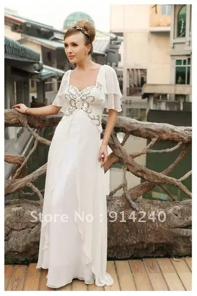White A-Line V-neck Short SleevesFull Length Chiffon Prom Dresses | Свадьбы и торжества
