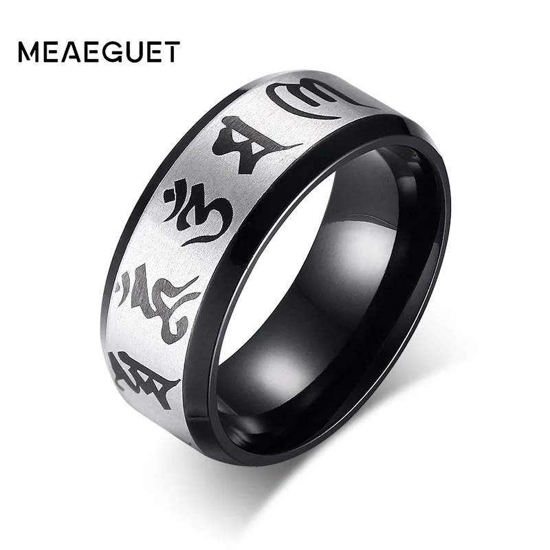 Традиционное мужское кольцо Meaeguet Om Mani Padme Hum, обручальные кольца черного цвета для мужчин, Ювелирное кольцо из нержавеющей стали