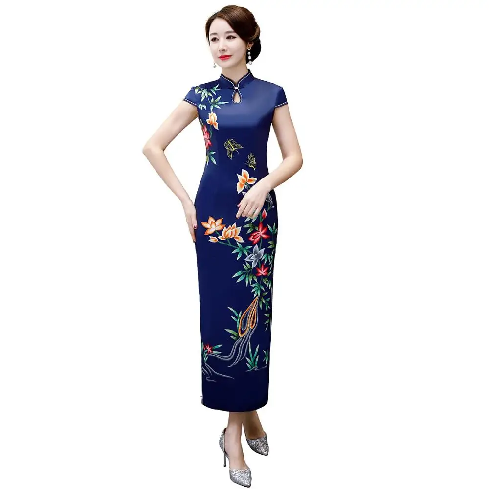 9349 Шанхай история искусственного шелка Qipao Платье длинное Cheongsam национальный тренд платья короткий рукав тонкий Традиционный китайский платье для женщин - Цвет: 9349