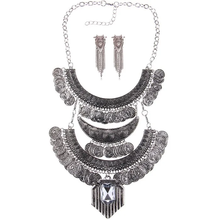 Boho Антикварные Монеты Цепочки и ожерелья для Для женщин Африканский себе Тибетский длинной кисточкой Ожерелья и подвески чешские Макси Jewelry Для женщин - Окраска металла: Necklace-Earrings