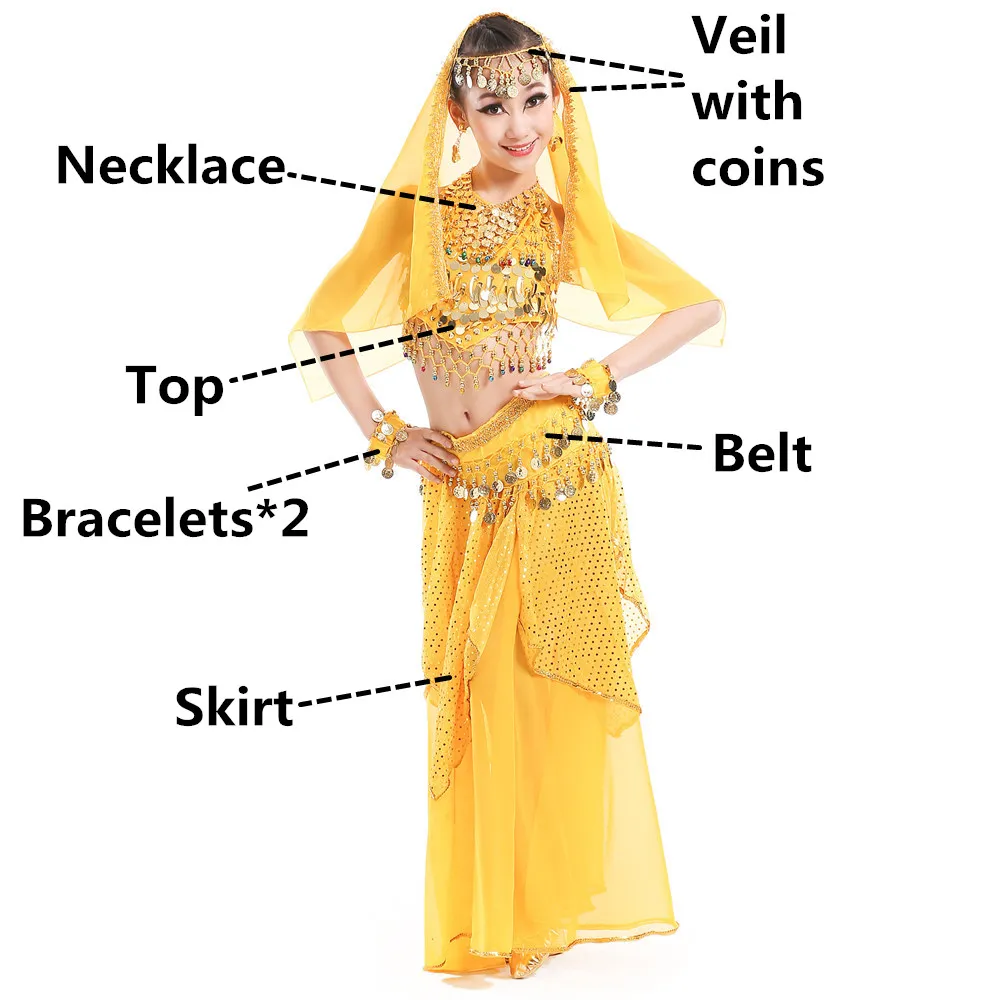 Yellow 7pcs Костюмы для танца живота для детей, девочек, детская юбка для танца живота, Болливуд, танцевальное платье, для выступлений, соревнований, индийский комплект одежды - Цвет: Yellow 7pcs