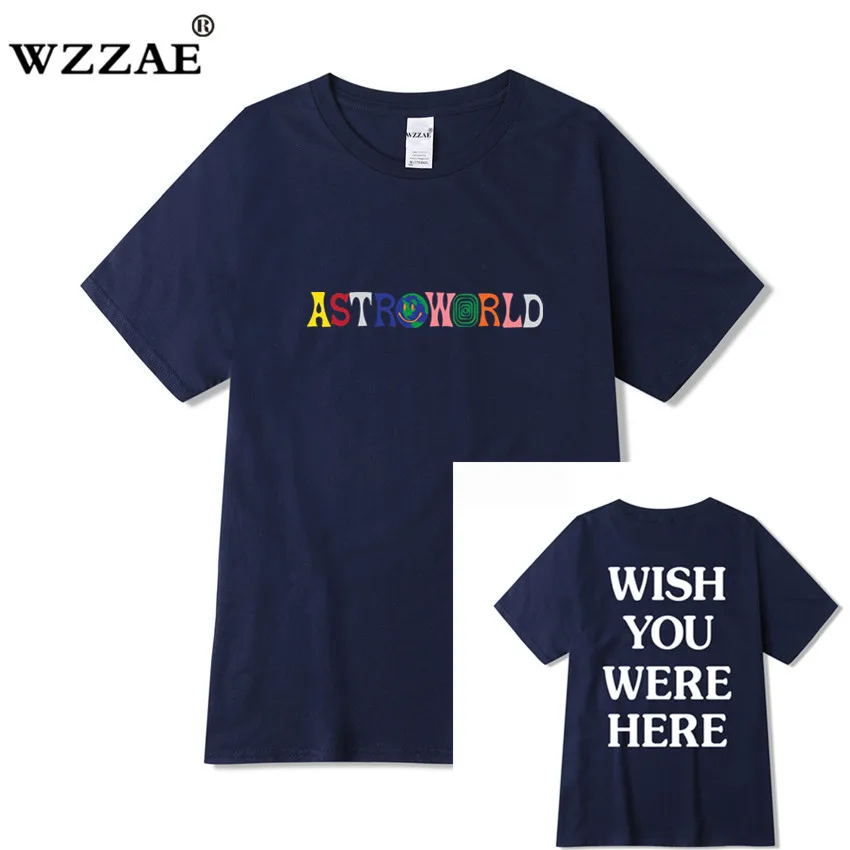 Navy Blue Трэвиса Скотта AstroWorld Tour футболка для мужчин и женщин 1:1 Трэвиса Скотта футболки Топы Футболки Уличная Хип-хоп kanye ASTROWORLD футболка - Цвет: Navy Blue