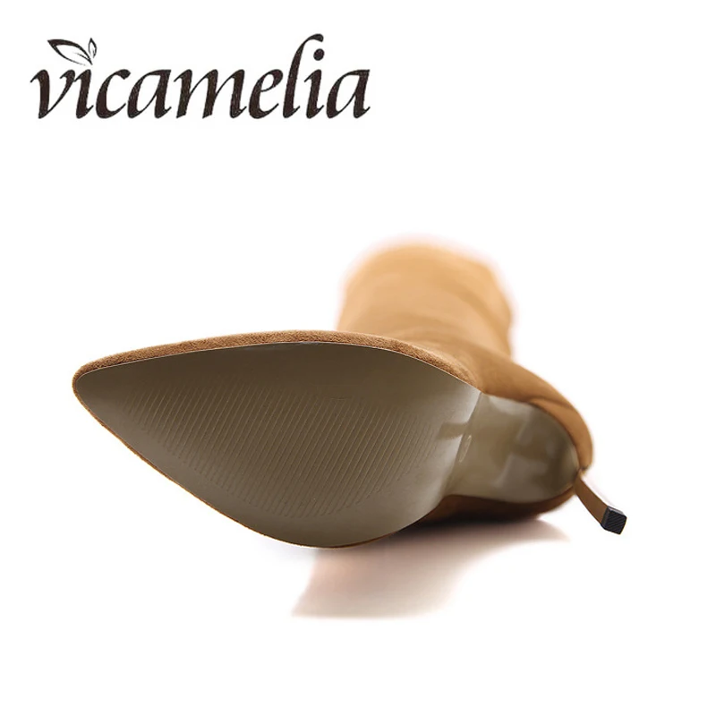 Vicamelia/женские замшевые сапоги на тонком высоком каблуке модные выше колена с