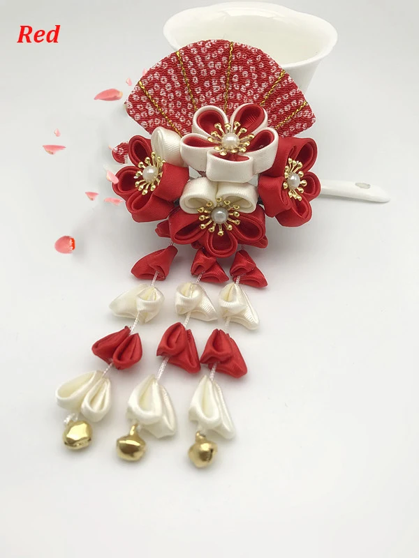 Новое японское кимоно Sakura ручной работы, аксессуары для волос для девочек, заколка с украшениями, розовый/красный/синий/желтый - Цвет: Red(1pc)