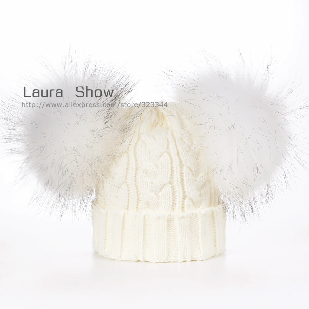 Детская Вязаная Шапка бини из натурального меха норки с помпоном енота|wool cap|beanie