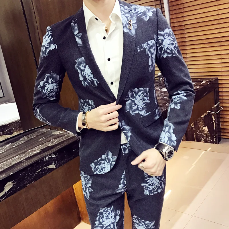 

Man Host Party Evening Suits Male Single-breasted Casual Dress Two-piece Korean Slim Costumes Homme Imprime