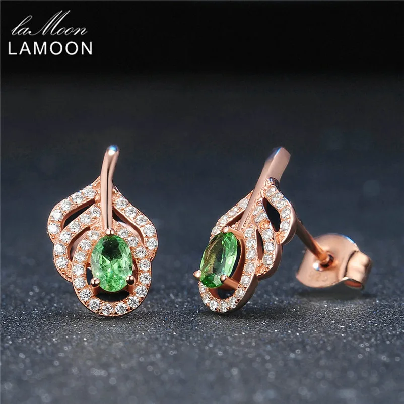 LAMOON S925 Серебряные серьги гвоздики классические листья 100% натуральный Зеленый