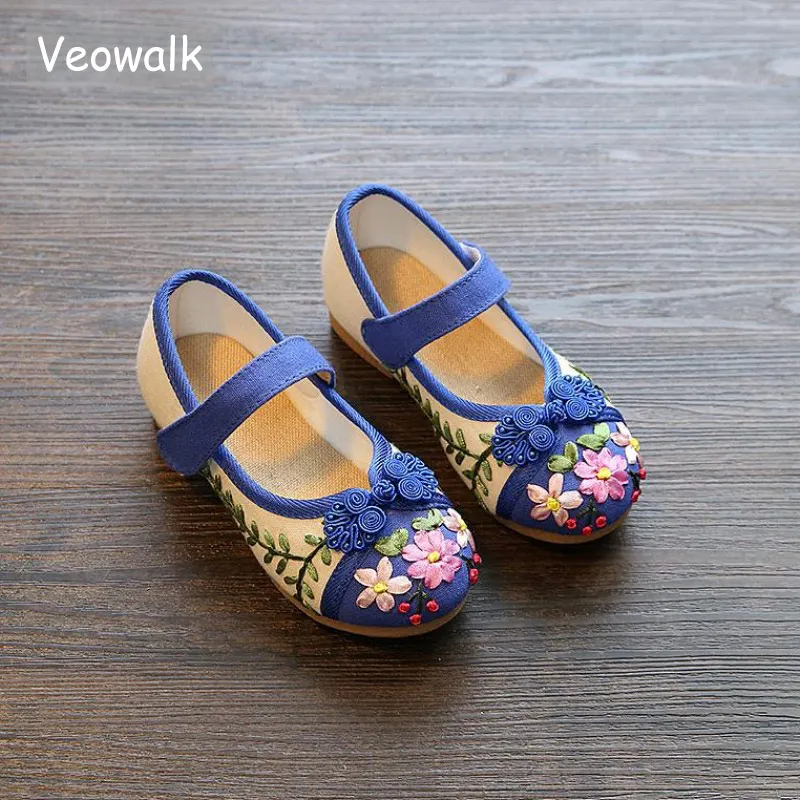 Veowalk Chinese Lucky Knot 2-15 Years Girls Cotton Embroidered Flat Shoes Instep Strap Kids Children Teenager School Ballets | Детская