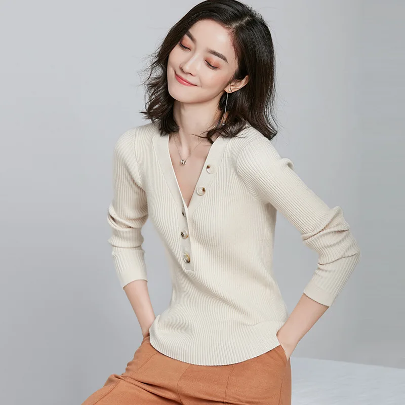 womens top Cotton kintting long sleeve V-neck sweater blended all match tee white black n t shirt women bts | Женская одежда