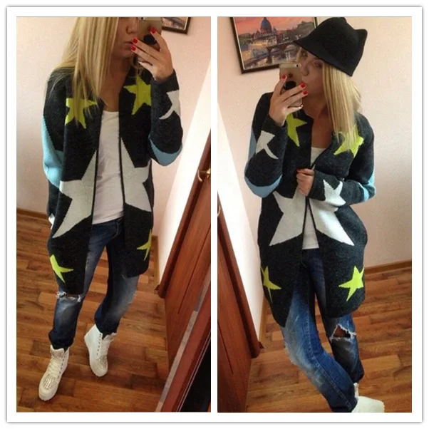 Five-pointed star pattern long section cardigan stars printed sweater knit women |