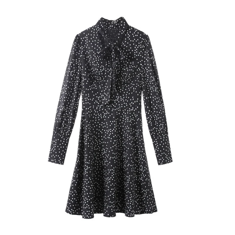 Женское винтажное мини-платье в горошек с v-образным вырезом и длинным рукавом