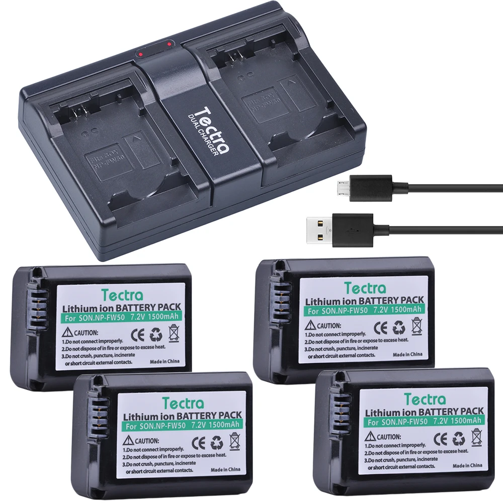 Tectra 4 шт. NP FW50 NPFW50 батарея + 2 канальный USB двойное зарядное устройство для Sony NEX 5 5A 5C