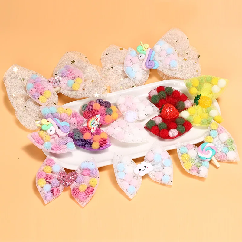 

Boutique 8cm Kids Lollipop Strabery Pom Pom hair bow cloud mesh hair clip for girls child hair accessories headddress