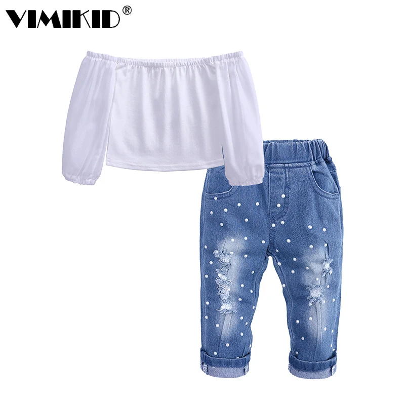 

VIMIKID Ins/детская одежда в европейском и американском стиле топ на одно плечо + джинсовые штаны комплект из 2 предметов, комплект для девочек