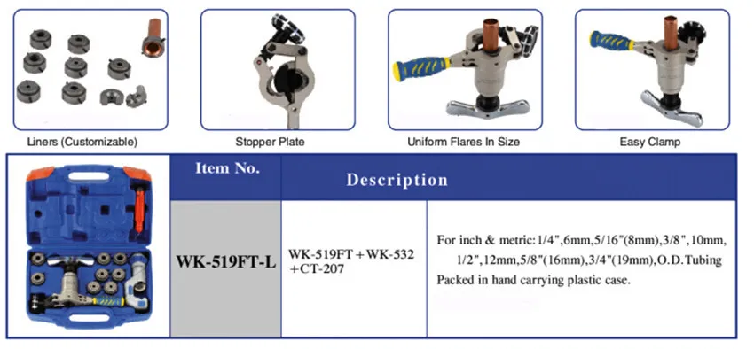 1pc/lot WK-519FT-L pipe flaring cutting tool set,tube expander, Copper tube flaring kit Expanding scope 6-19mm