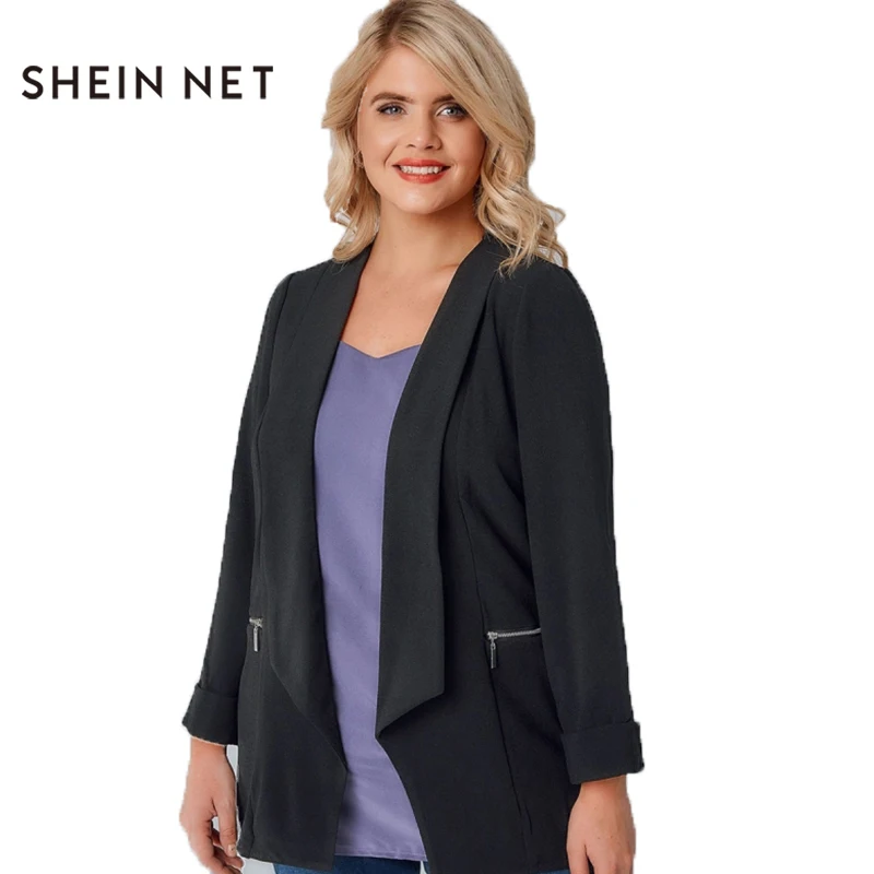 Sheinnet плюс Размеры Для женщин Сплошной Черный Повседневное Пиджаки для карман на