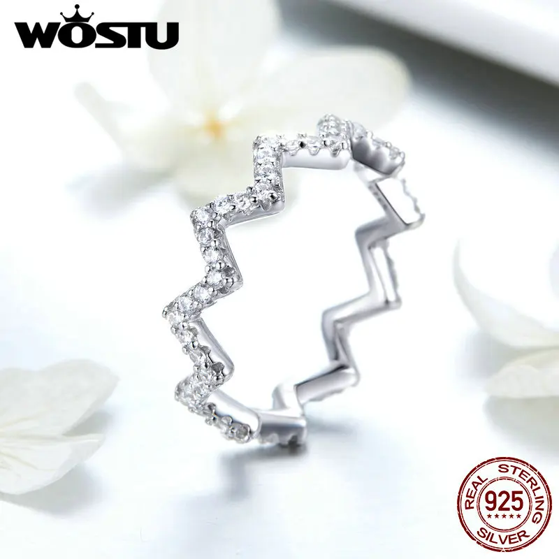 WOSTU, классическое, 925 пробы, серебряное, геометрическое, волнистое кольцо, циркон, принцесса, серебряное кольцо на палец для женщин, вечерние, свадебные ювелирные изделия FIR480