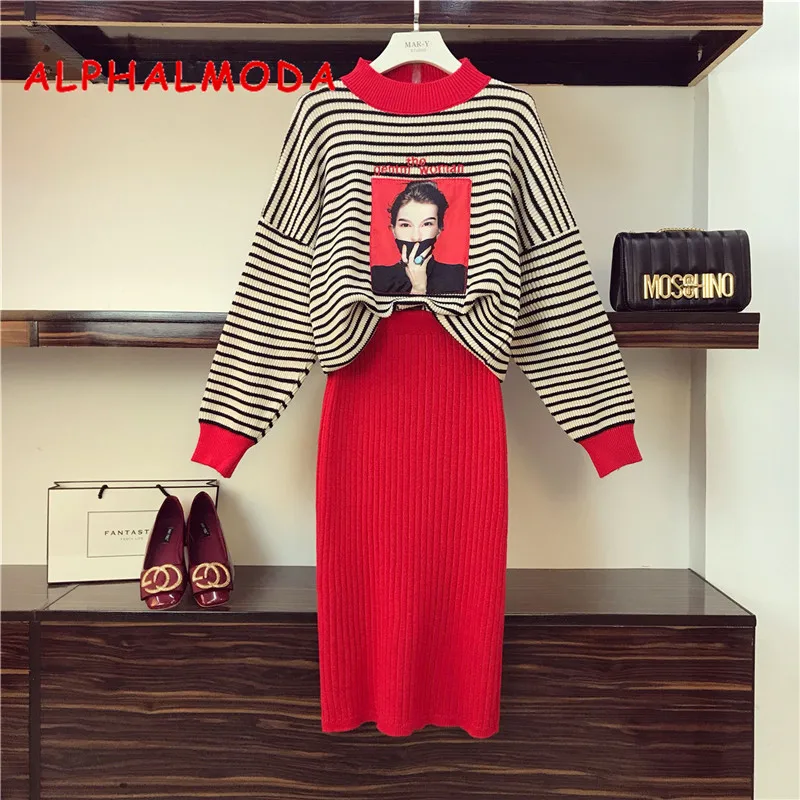 Женский костюм ALPHALMODA осенне зимний повседневный блузка в полоску топ однотонная