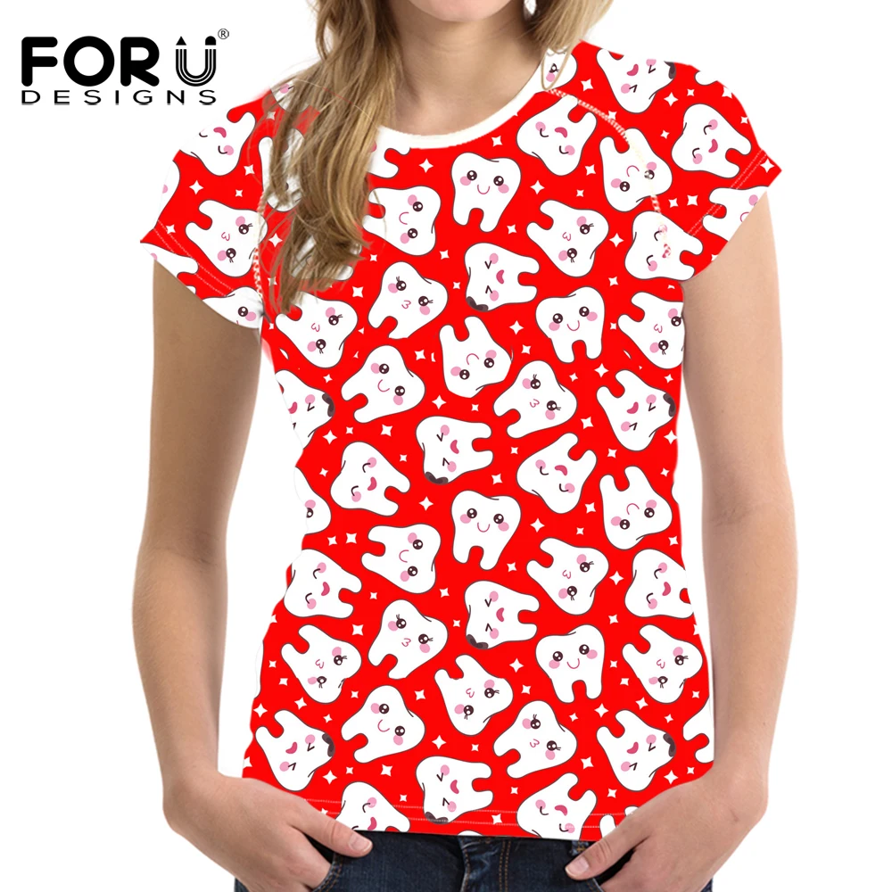 Женская футболка FORUDESIGNS Повседневная для фитнеса с коротким рукавом и принтом зубов|Футболки| |