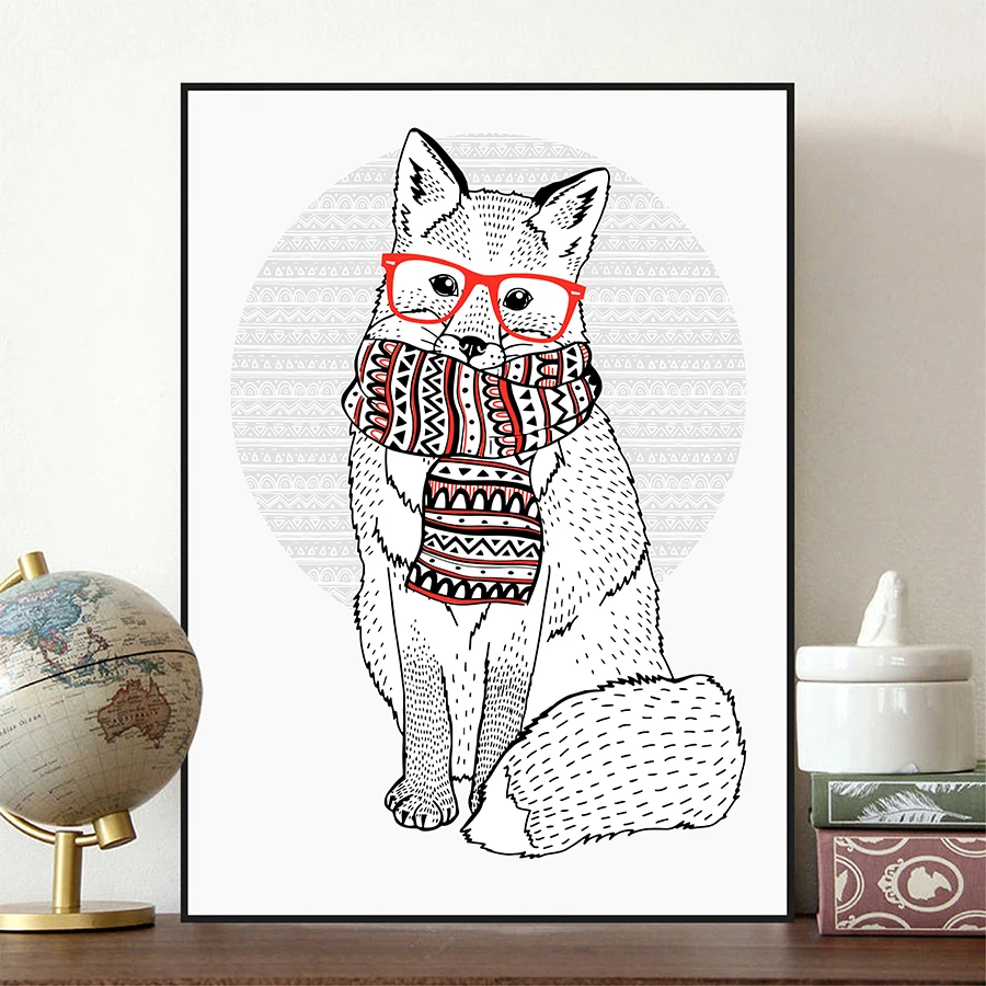 Плакат в хипстерских очках и шарфе с изображением зимней лисы картина рисунком