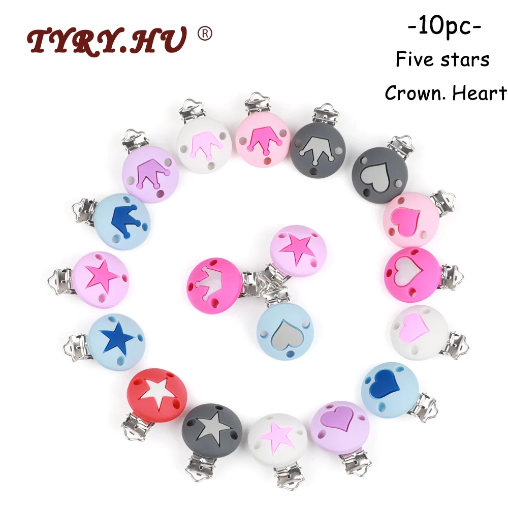 

10pc Pacifier Chain Clip Round Star Crown Heart Food Grade Silicone Clip Baby Teething DIY Pacifier Chain Tool Accessori