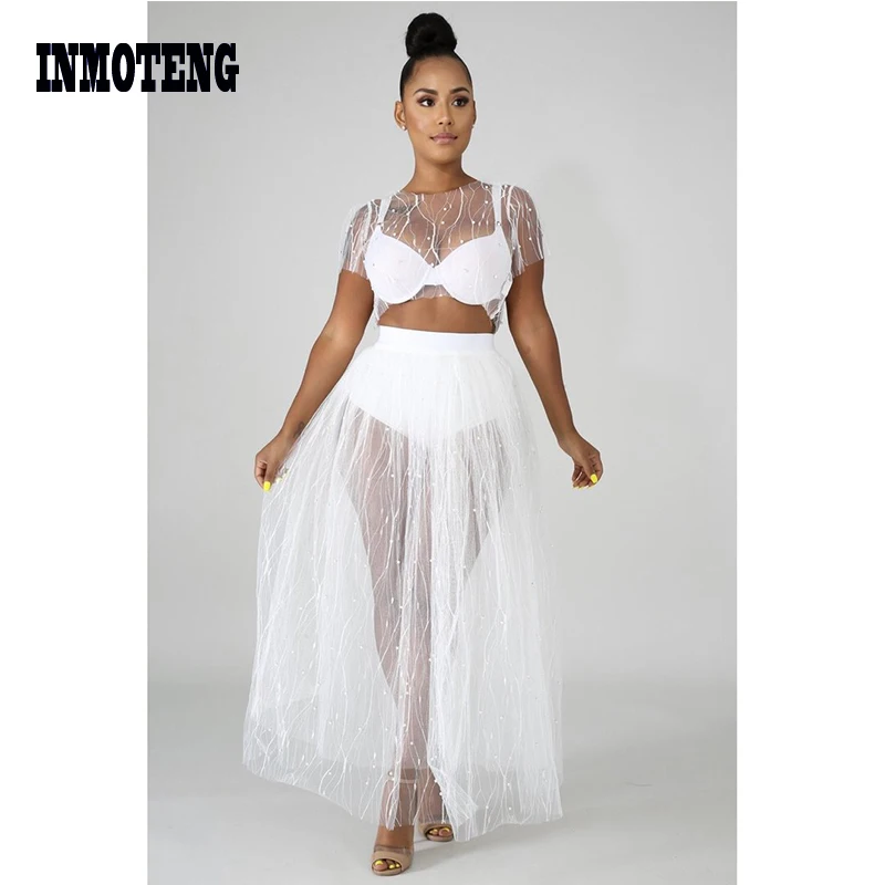 

INMOTENG INS Summer Beach 2 Piece Sets Beading Crop Tops See Through Mesh Skirts Suit 2 Piece Outfits Two Piece Clubwear outfits