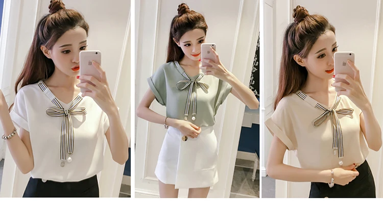 Женские топы и блузки mujer de moda, стильные шифоновые Женские рубашки в Корейском стиле, женская модная одежда, летняя женская одежда с бантом