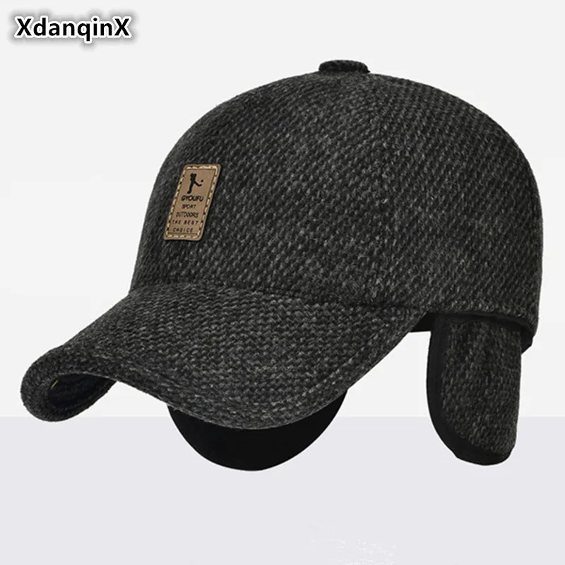 

XdanqinX Autumn Winter Men's Warm Hat Woolly Thick Baseball Caps With Ears Adjustable Size Ear Cap For Men Snapback Cap Dad Hats