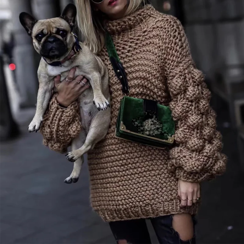 

2022 Hand Knitted Sweater Women Winter Pullover Sweaters Lantern Long Sleeve Sweater Women Turtleneck Jumper Sueter Mujer