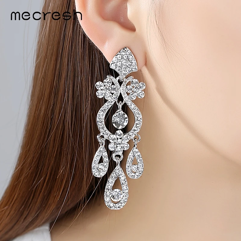 Женские серьги капельки Mecresh длинные серебряные с кристаллами в виде листиков