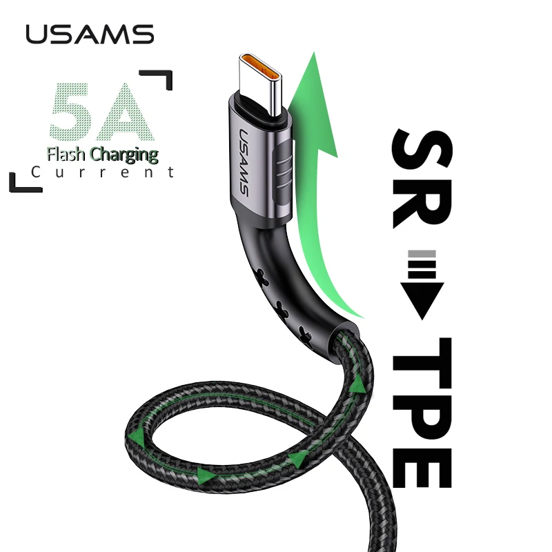5А флэш-кабель для зарядки типа C для huawei OPPO, USAMS QC USB C кабель для передачи данных SR Плетеный Быстрый зарядный usb-кабель для samsung LG