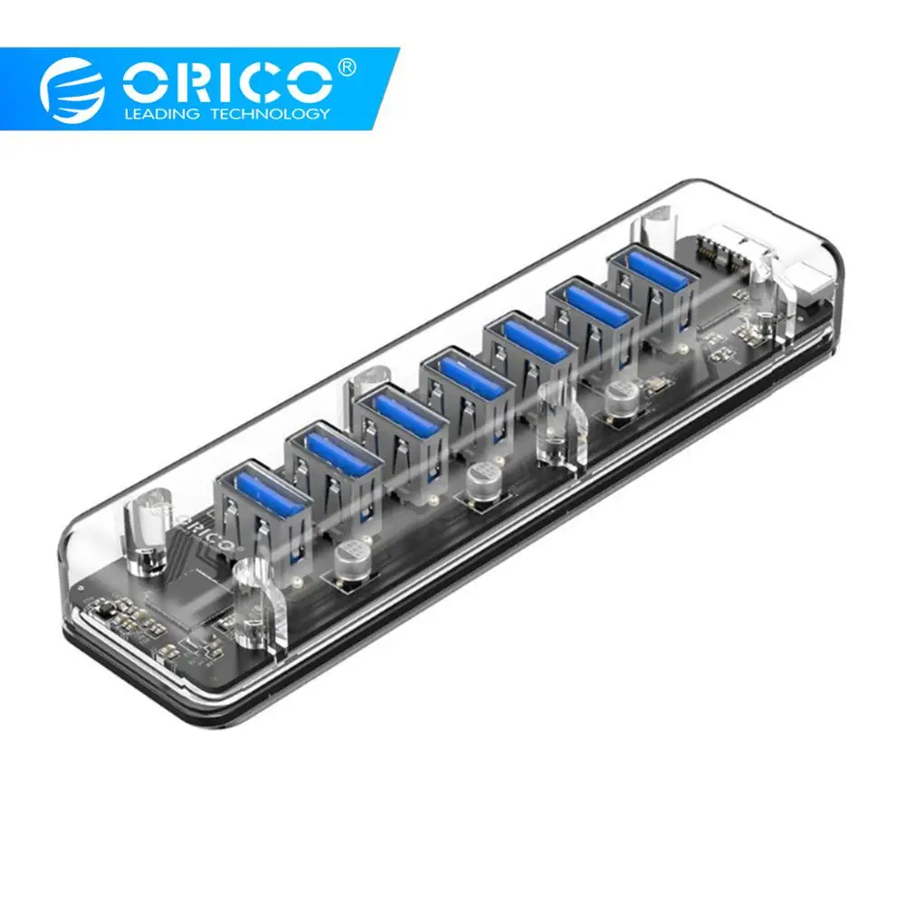 ORICO 7 портов USB3.0 прозрачный концентратор Высокоскоростной 5 Гбит/с портативный концентратор USB разветвитель для Apple Macbook Air ноутбук ПК планшет