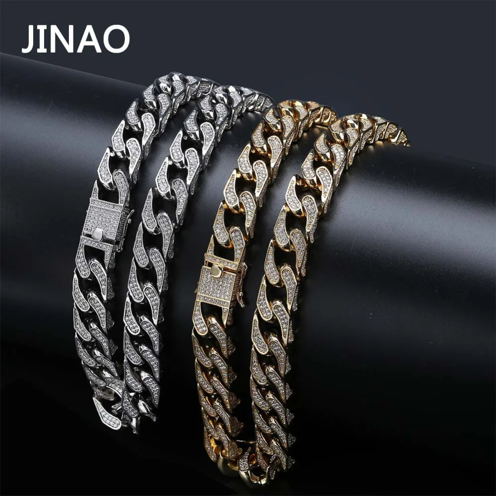 JINAO Hip Hop Jewelry 16mm Miami Cuban Chain Micro Pave Cubic Zirconia Necklace Full Iced Out Chain Gold Silver Bling Male Gifts